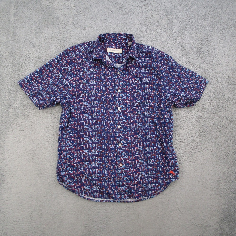 Tommy Bahama Button Up Shirt Mens Medium Blue Excellent Cocktail Print Novelty